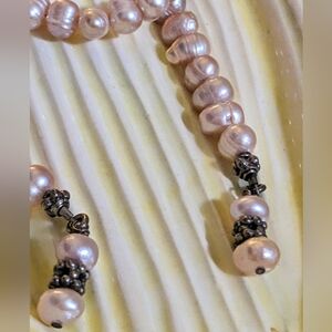 Vtg Blush pink freshwater pearl lariat necklace silver findings